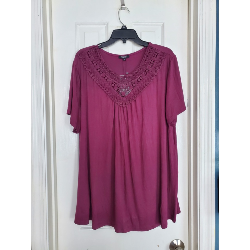 Folunsi Tunic Top Wine Red Crochet Lace V Neck Short Sleeve Casual Blouse 3X